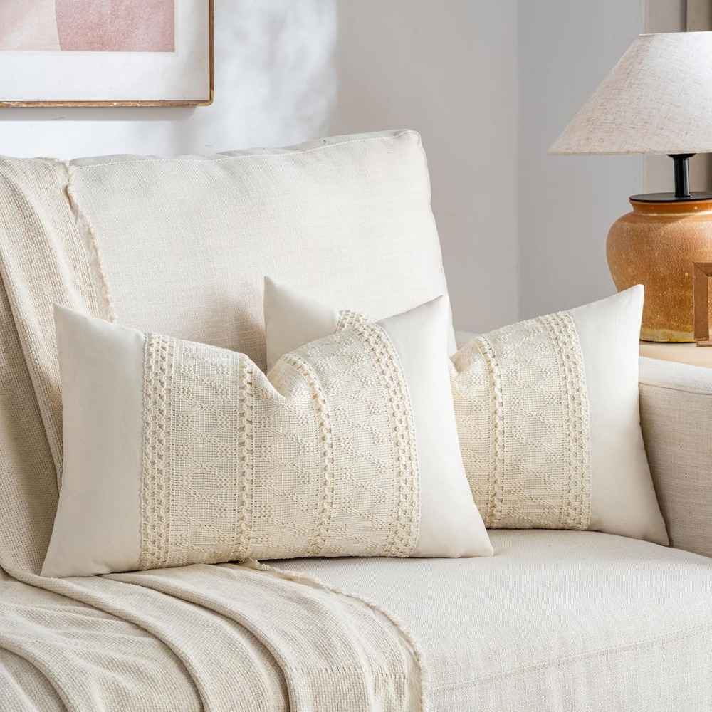 Decorative Throw Pillow - Boho Cream Lumbar Pillow Cover 12x20